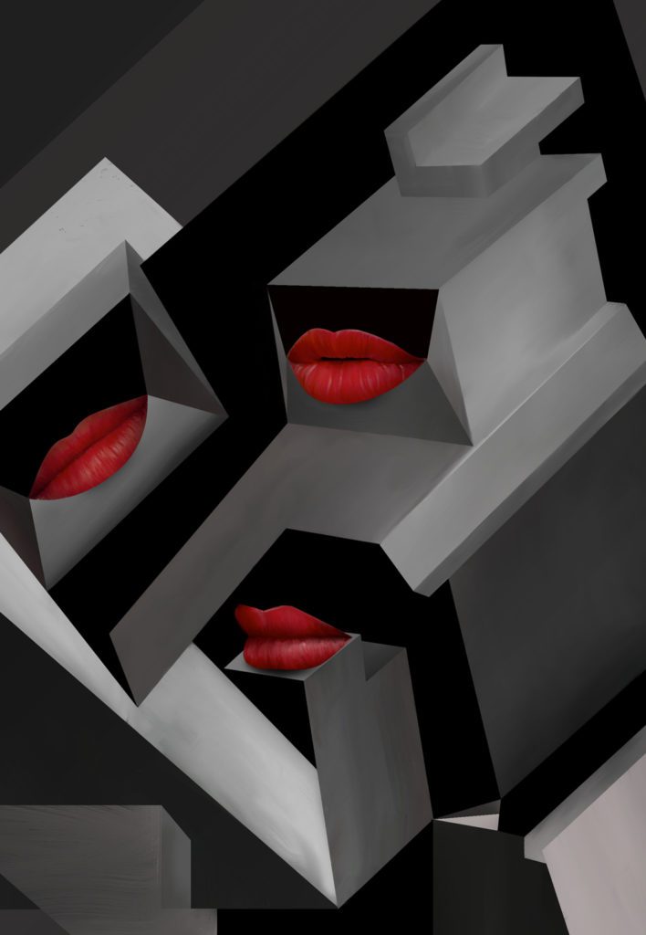 Three pairs of lips supported by geometry in different perspectives