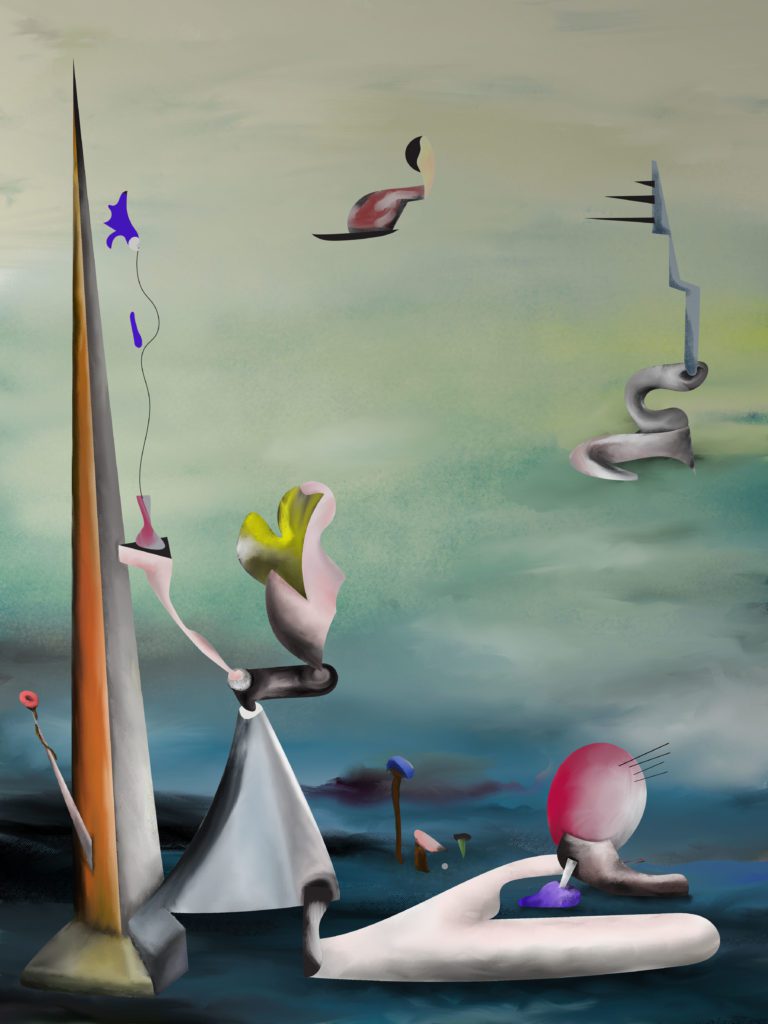 Moody landscape with whimsical figures