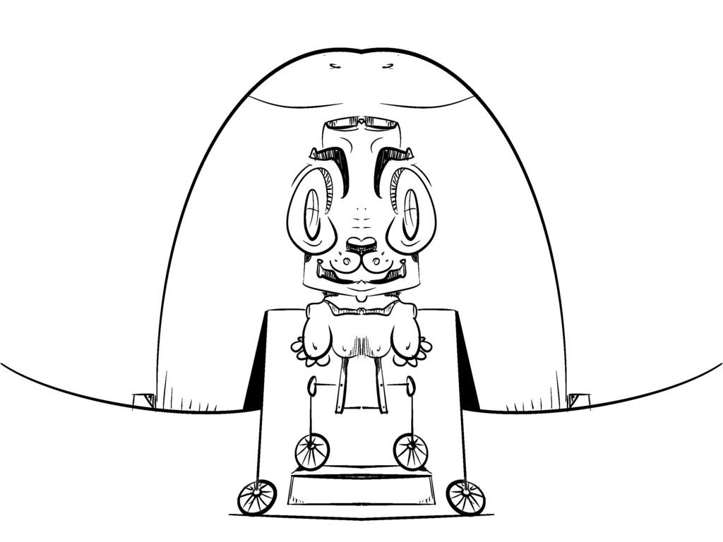 Animal like character attached to bicycle wheels
