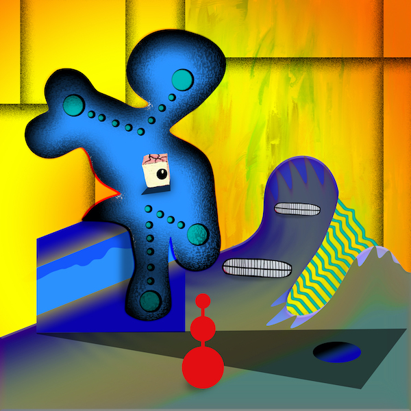 Globular blue figure over small red snowman in yellow room